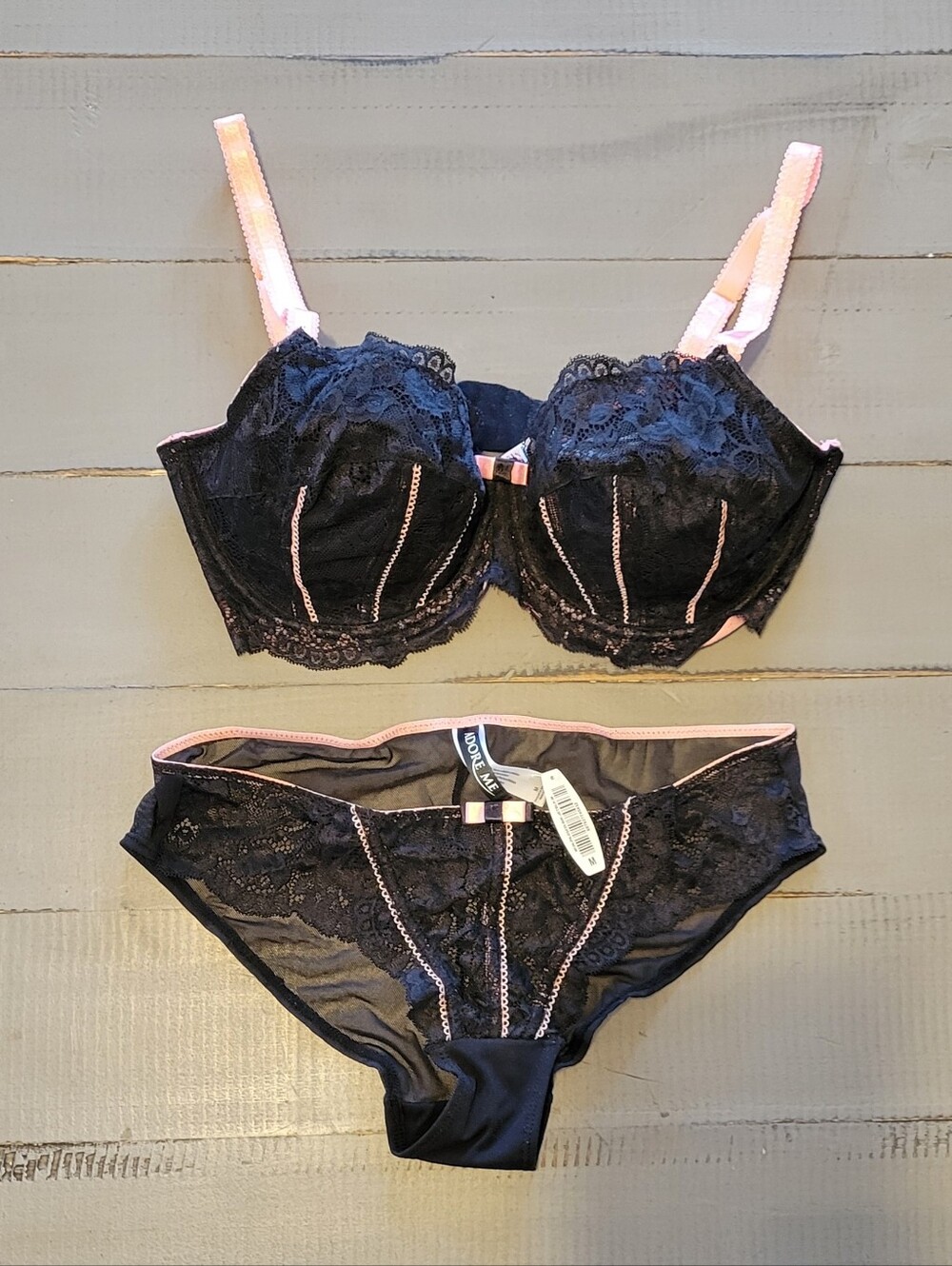Black Lace Bra & Bikini Set with Pink Trim